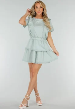 Mintgroene Two Piece Set met Ruches en Embroidery details