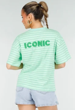 Mintgroen Gestreept Oversized T-shirt met Iconic Opdruk