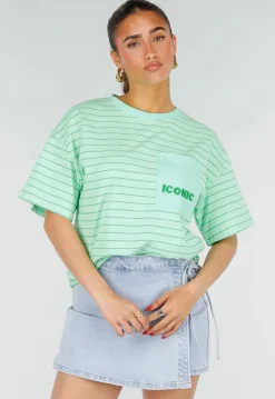 Mintgroen Gestreept Oversized T-shirt met Iconic Opdruk