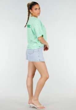 Mintgroen Gestreept Oversized T-shirt met Iconic Opdruk