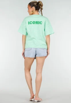 Mintgroen Gestreept Oversized T-shirt met Iconic Opdruk