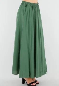 Mosgroene Linnenlook Maxi Rok met Zakken en Elastische Tailleband