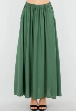 Mosgroene Linnenlook Maxi Rok met Zakken en Elastische Tailleband