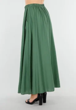 Mosgroene Linnenlook Maxi Rok met Zakken en Elastische Tailleband