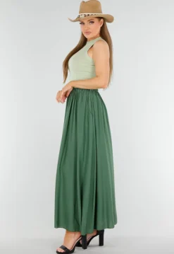 Mosgroene Linnenlook Maxi Rok met Zakken en Elastische Tailleband