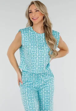 Mouwloze Azuurblauwe Stretch Loose Fit Top met Barokprint en Schoudervulling
