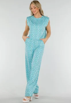 Mouwloze Azuurblauwe Stretch Loose Fit Top met Barokprint en Schoudervulling
