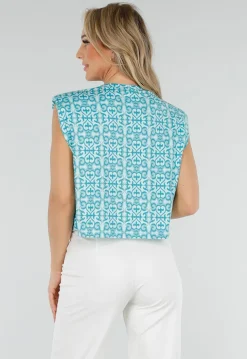 Mouwloze Azuurblauwe Stretch Loose Fit Top met Barokprint en Schoudervulling