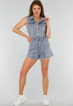 Mouwloze Blauwe Denim Stretch Playsuit met Ceintuur