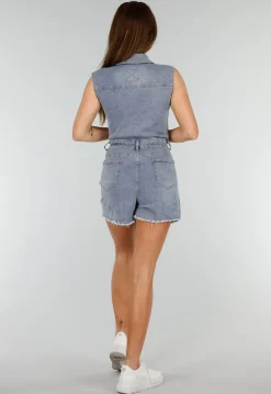 Mouwloze Blauwe Denim Stretch Playsuit met Ceintuur