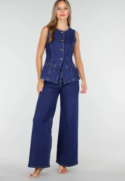 Mouwloze Denim Top in Blauw Met Knoopsluiting