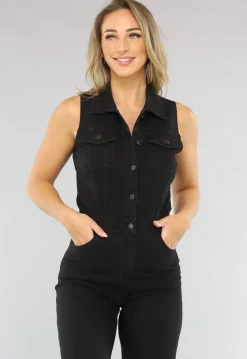Mouwloze Zwarte Spijkerstof Jumpsuit