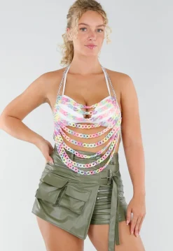 Multicolor Kettingtop met Open Rug en Haltersluiting