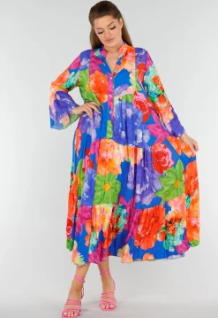 Multicolor Maxi Jurk met Knoopsluiting en Grote Bloemenprint