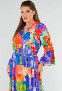 Multicolor Maxi Jurk met Knoopsluiting en Grote Bloemenprint