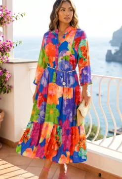 Multicolor Maxi Jurk met Knoopsluiting en Grote Bloemenprint