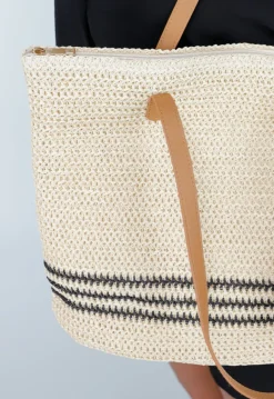 Natuurlijke Gevlochten Shopper met Leren Hengsels en Zwarte Streepdetails