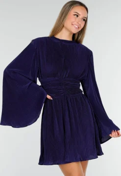 Navy Blauwe Jurk met Plissé en Ruche Taille