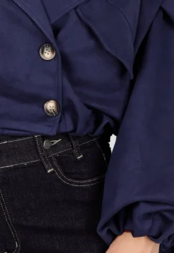 Navy Korte Suède Trenchcoat met Pofmouwen