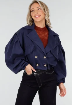 Navy Korte Suède Trenchcoat met Pofmouwen