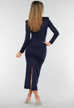 Navy Midi Jurk met Lange Mouwen en Goudkleurige Ringdetail