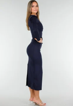 Navy Midi Jurk met Lange Mouwen en Goudkleurige Ringdetail