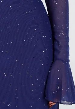 Navy Off Shoulder Maxi Glitter Jurk met Lange Mouwen