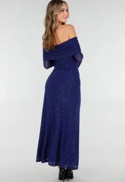 Navy Off Shoulder Maxi Glitter Jurk met Lange Mouwen