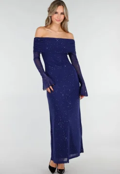 Navy Off Shoulder Maxi Glitter Jurk met Lange Mouwen