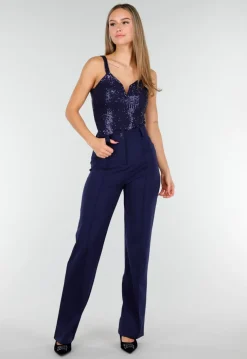 Navy Sequin Bodysuit met Diepe V-Hals en Pailletten