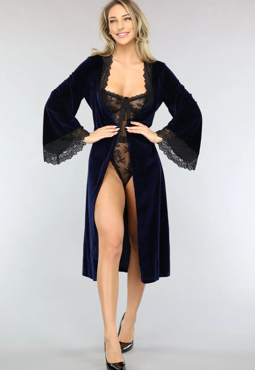 Navy Velours Kamerjas met Zwart Kant