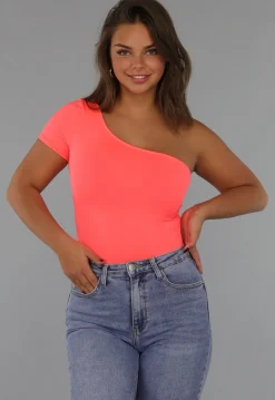 Neon Coral Bodysuit met One Shoulder