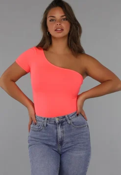 Neon Coral Bodysuit met One Shoulder