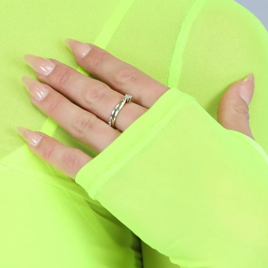 Neon Geel Geplooid See-Through Jurkje met Setje