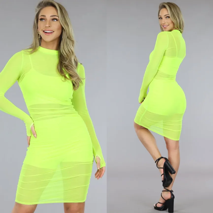 Neon Geel Geplooid See-Through Jurkje met Setje