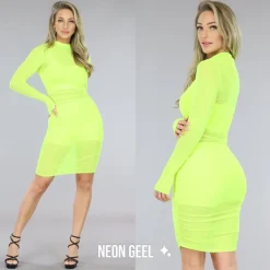 Neon Geel Geplooid See-Through Jurkje met Setje
