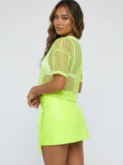 Neongele Fishnet Crop Top met Korte Mouwen