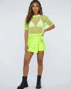Neongele Fishnet Crop Top met Korte Mouwen