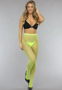 Neon Gele Panty met Klein Fishnet Patroon