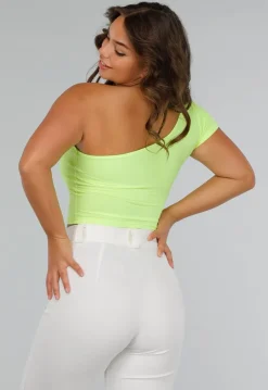 Neon Gele Stretch Crop Top met One Shoulder