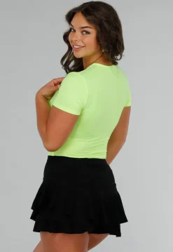 Neon Gele V-hals Bodysuit met Twist en Korte Mouwen