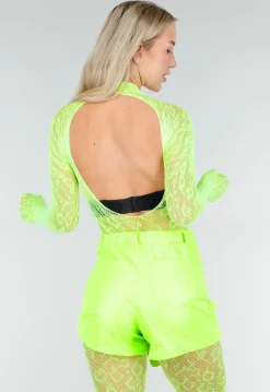 Neon Groene Transparante Fishnet Bodystocking met Open Rug