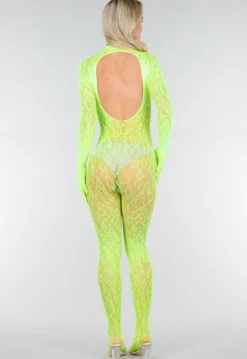 Neon Groene Transparante Fishnet Bodystocking met Open Rug