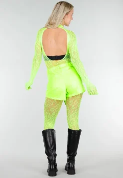 Neon Groene Transparante Fishnet Bodystocking met Open Rug