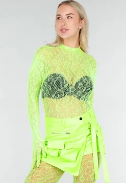 Neon Groene Transparante Fishnet Bodystocking met Open Rug