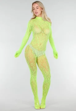 Neon Groene Transparante Fishnet Bodystocking met Open Rug