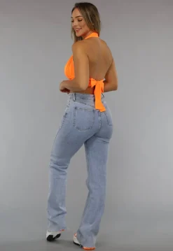 Neon Oranje Halter Top met Strikdetail