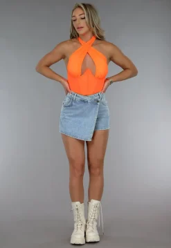 Neon Oranje Knoop Top met Mesh