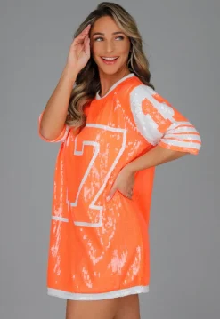 Neon Oranje Koningsdag Jersey Jurk met Pailletten
