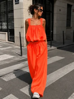 Neon Oranje Stretch Two Piece Set met Mouwloze Top en Wide Leg Broek